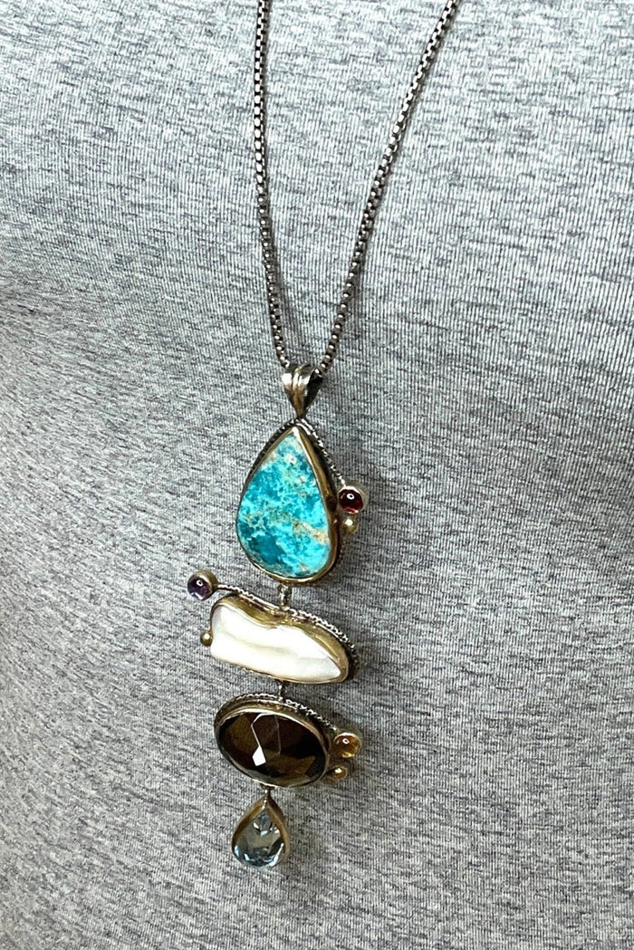 Style the 4 Tier Multi Gemstone Turquoise and Pearl Pendant exclusively at Born To Glam