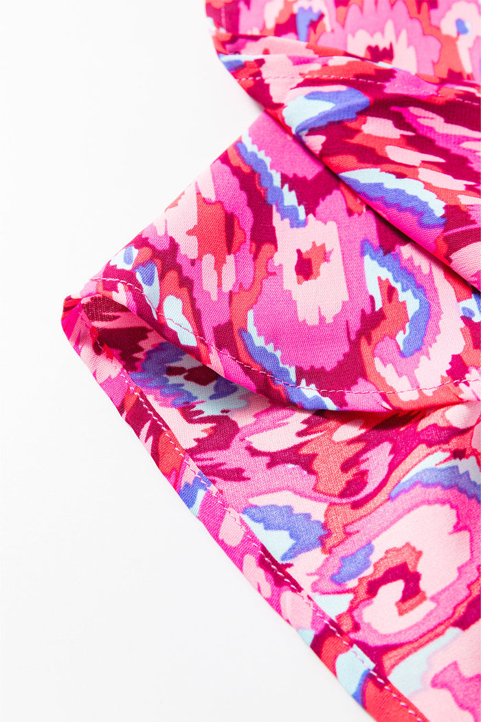 Pink Abstract Print V Neck Half Sleeve Loose Fit Tunic Blouse - Tops/Blouses & Shirts