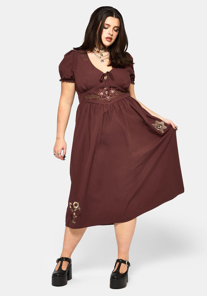 Arianwen Embroidered Puff Sleeve Midaxi Dress - Rust