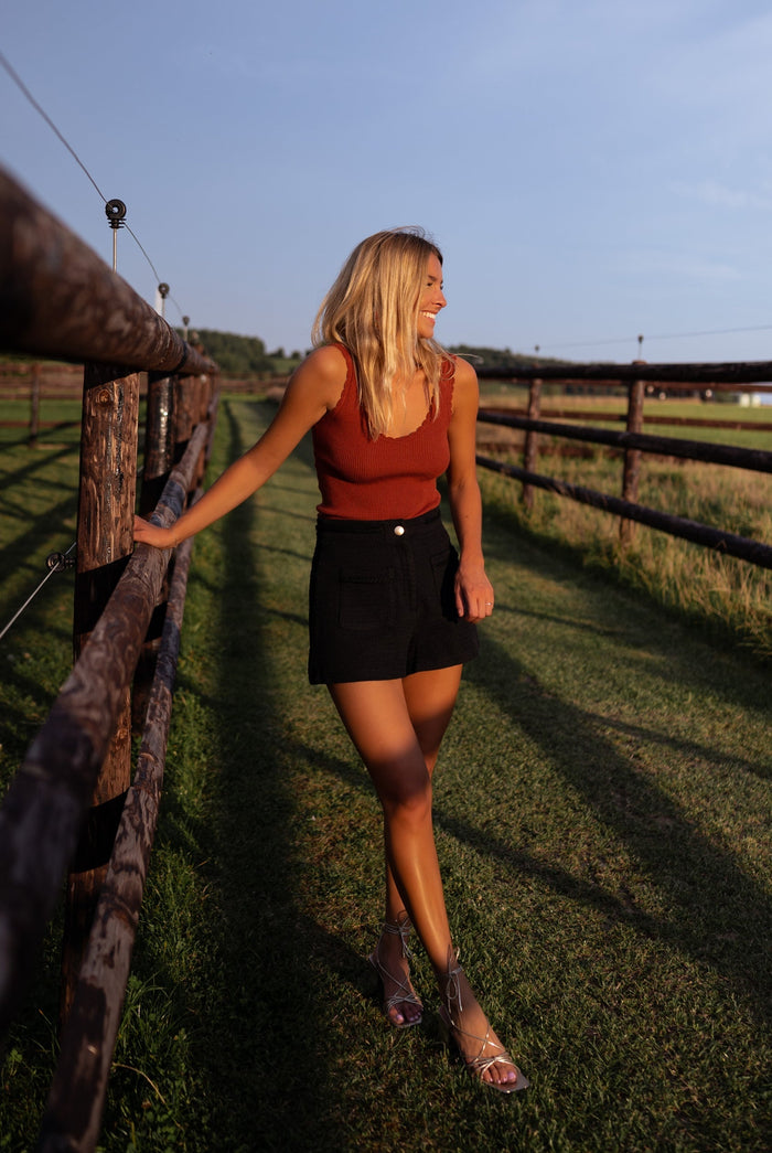 Black high-waisted shorts back view