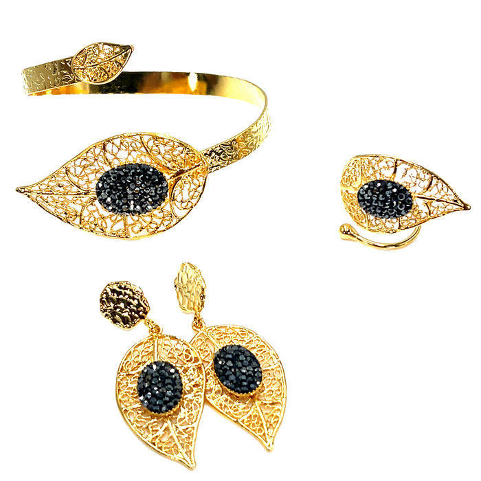 Style the Black & Gold Leaf Crystal Bracelet Set exclusively at Born To Glam