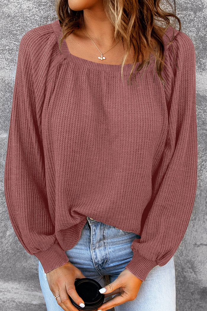 Black Scoop Neck Puff Sleeve Waffle Knit Top - Tops/Long Tops
