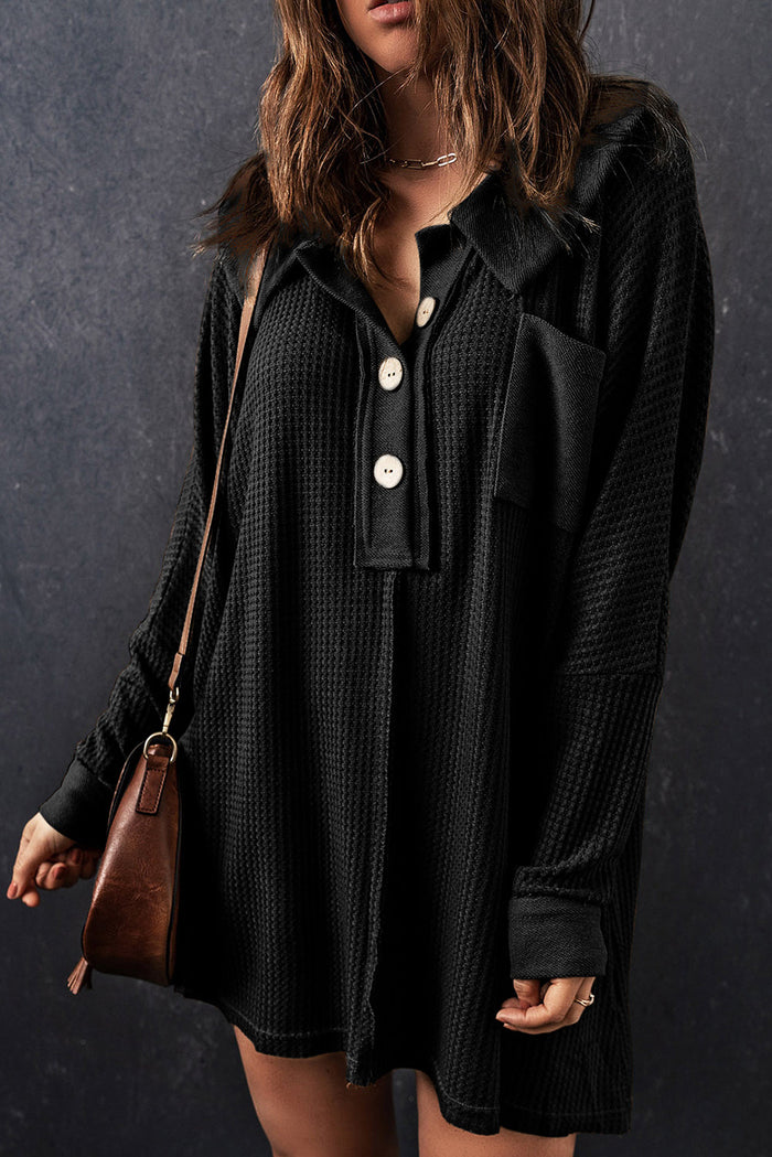 Brown Waffle Knit Buttoned Long Sleeve Top - Tops/Long Tops