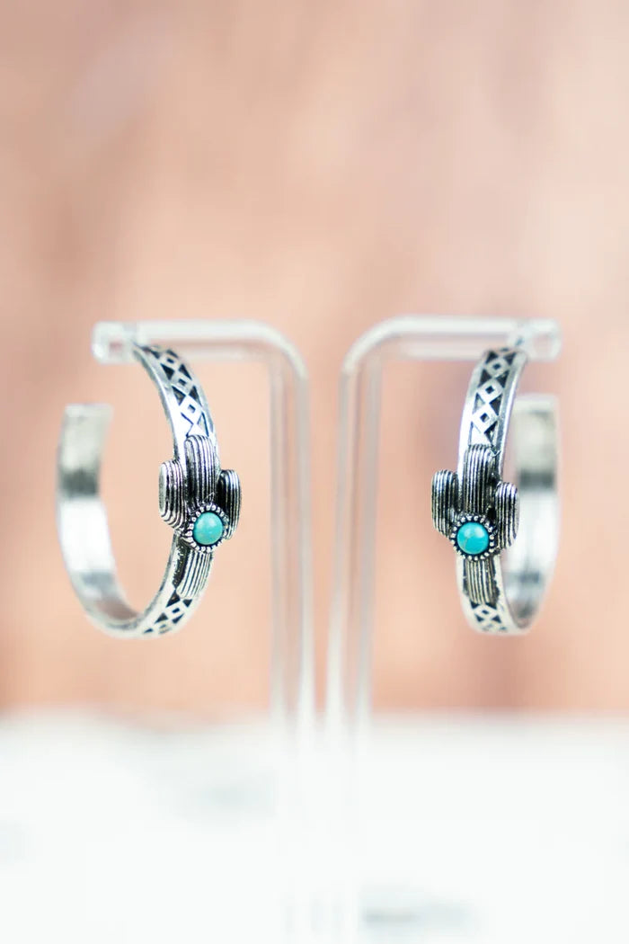 Calhan Cactus Turquoise Silvertone Hoop Earrings