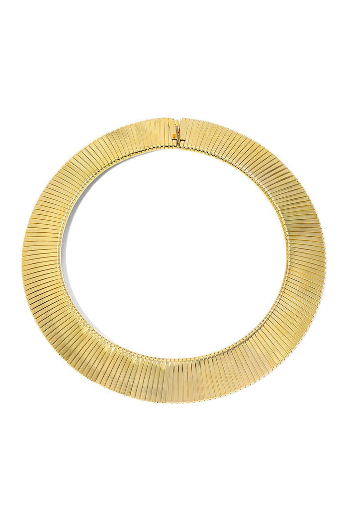 Carina Golden Collar Necklace in a gold-tone wide collar style with bold ribbed texture and a polished statement look.