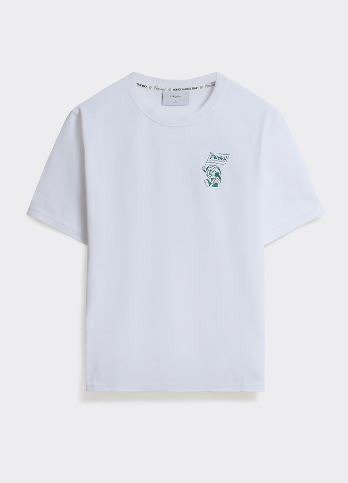 The Percival Champs T-shirt in optic white cotton jersey, featuring a green mascot chest print, shown flat.