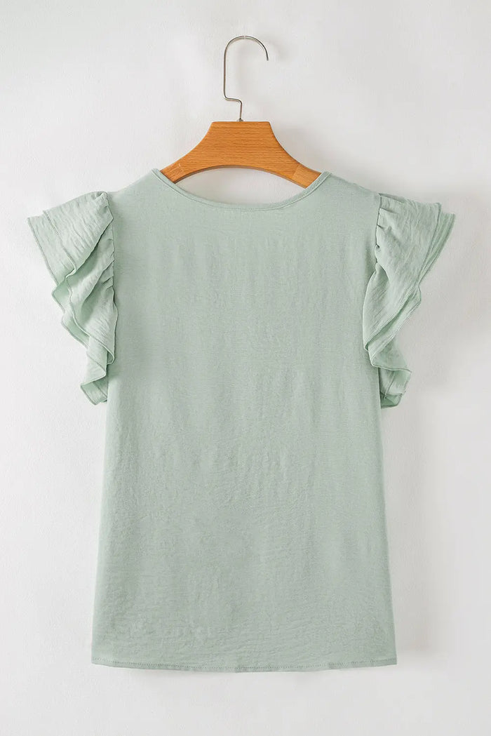 Clearly Aqua Solid Colour Ruffled Short Sleeve Casual Blouse - Tops/Blouses & Shirts