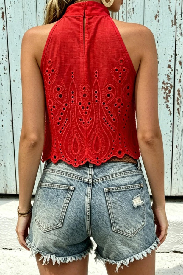 Crimson Horizon Eyelet Halter Top-Cute-Trendy-Shop-Womens-Boutique-Clothing-Store
