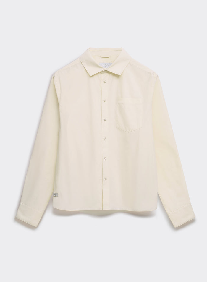 The cream Percival Dali Relaxed Poplin Shirt, a cotton long-sleeve button-down, displayed against a light grey background.