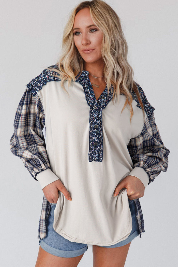 Fiery Red Floral Plaid Mixed Print Bishop Sleeve Patchwork Top - Tops/Long Tops