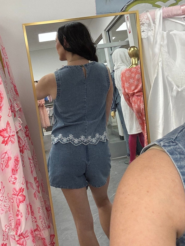 Floral Embroidered Denim Top - Intimate Whispers