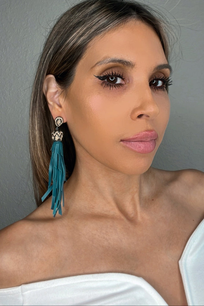 Style the Gold & Silver Crystal Teal Leather Tassel Earring exclusively at Born To Glam