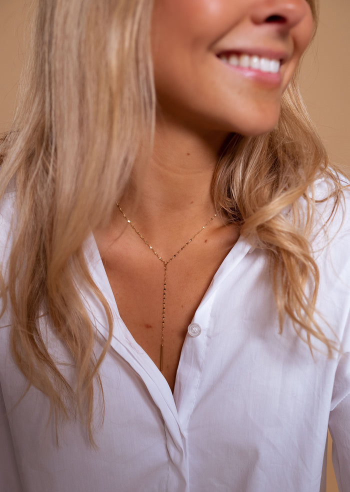 Golden Judy lariat necklace drop detail