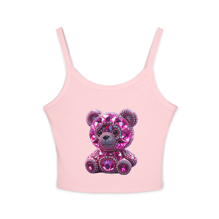 Pink crop top with a teddy bear design made of pink gemstones on a white background