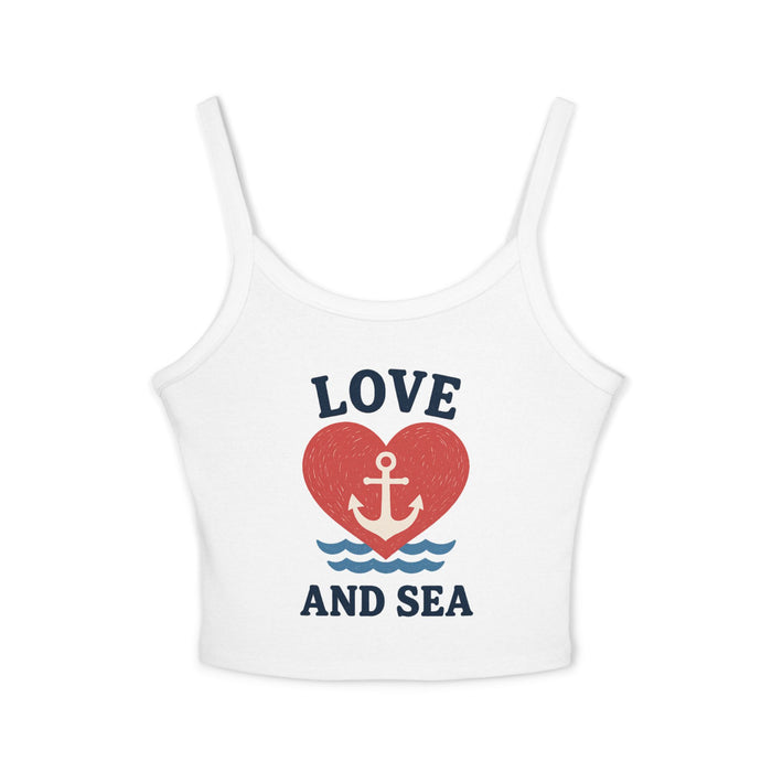 White tank top with 'Love and Sea' design featuring a heart and anchor on a white background