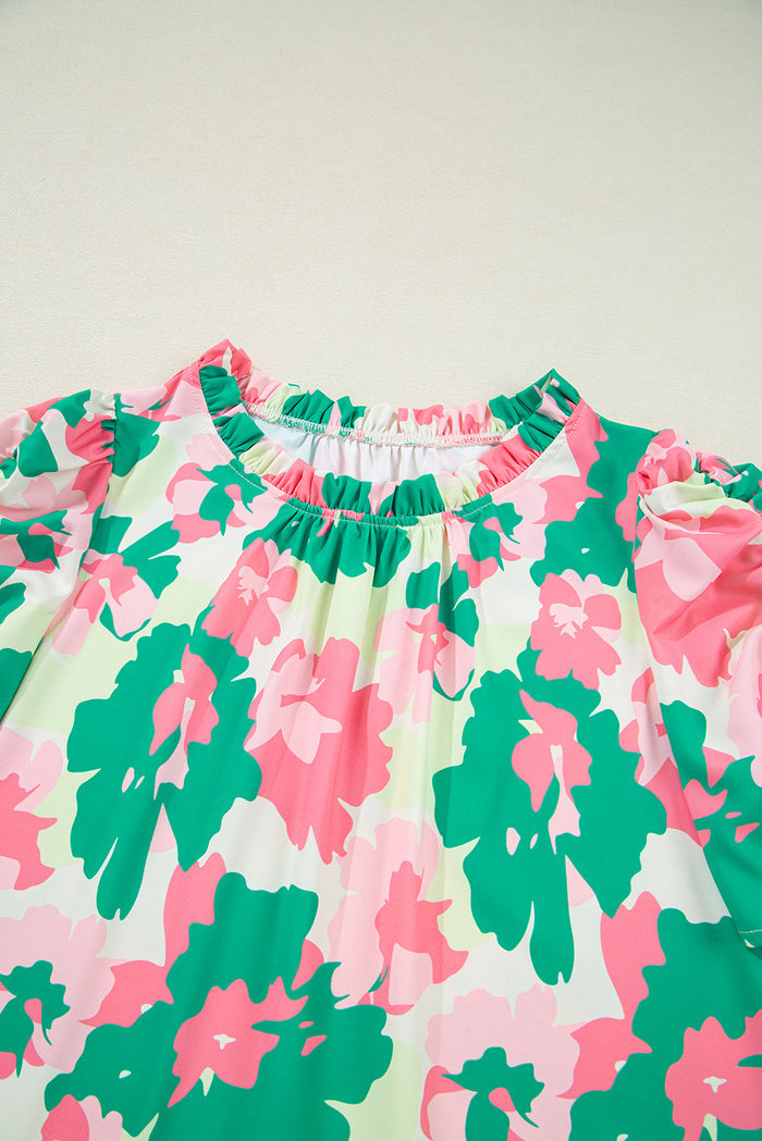 Green Abstract Print Frilly Neck Ruched Short Sleeve Blouse - Tops/Blouses & Shirts