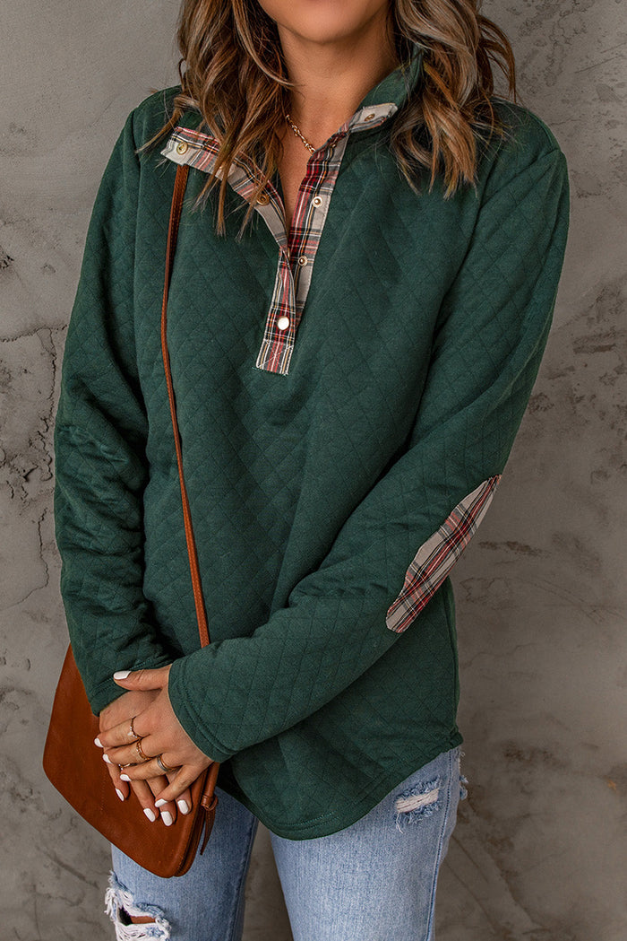 Green Geometric Texture Plaid Trim Sweatshirt - Tops/Sweatshirts & Hoodies