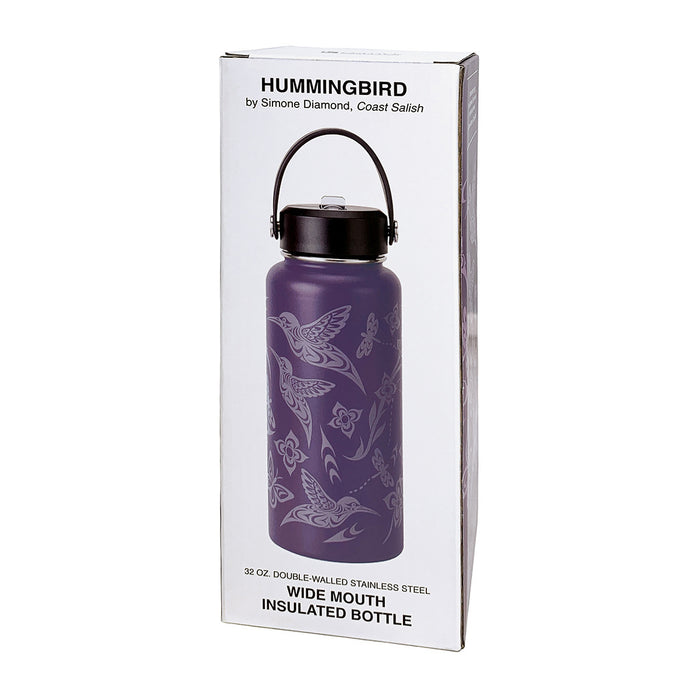Purple insulated bottle with bird design in packaging on a white background