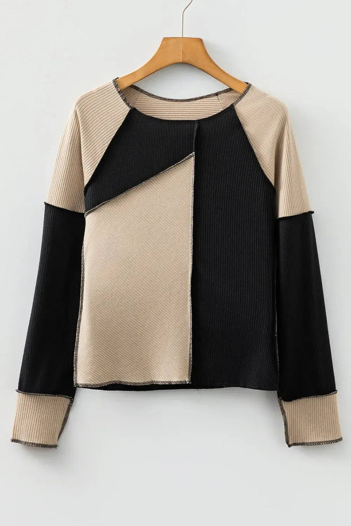 Irregular Colour Block Seaming Trim Rib Knit Top - Tops/Long Sleeve Tops