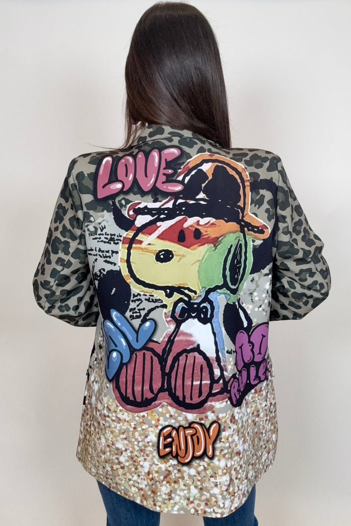 Style the Italian Camo Cartoon Print Blazer exclusively at Born To Glam