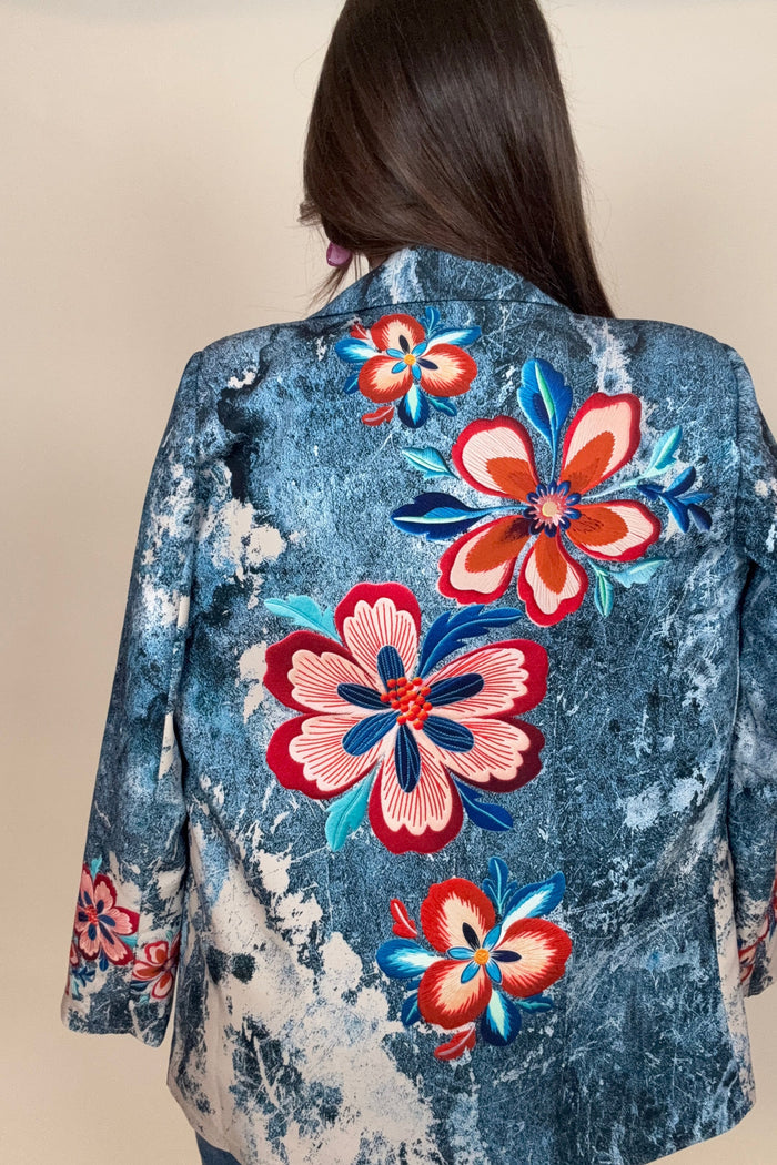 Style the Italian Denim Floral Print Blazer exclusively at Born To Glam