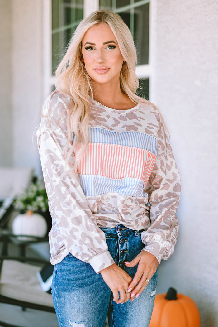 Leopard Animal Print Contrast Stripes Patchwork Puff Sleeve Knit Top - Tops/Long Tops