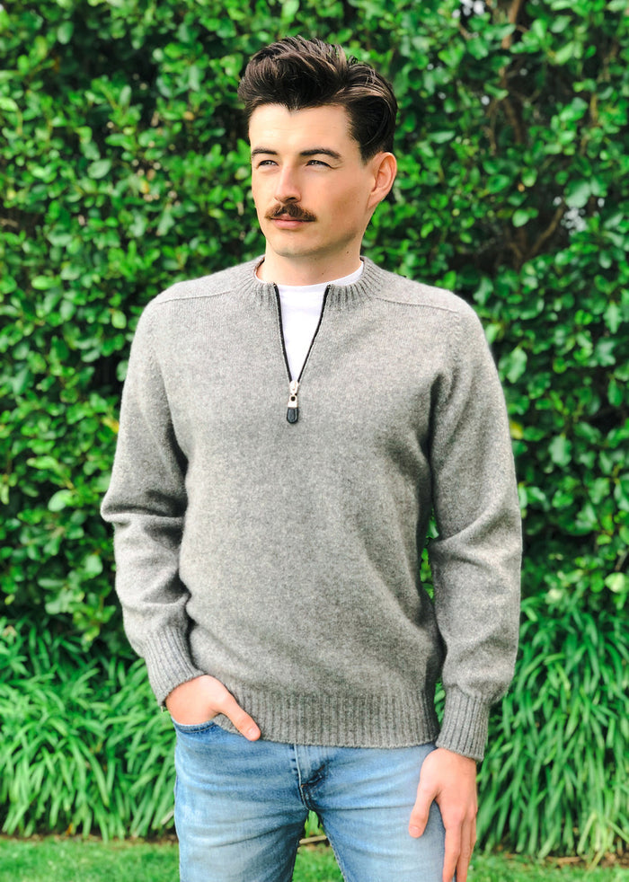 Lothlorian - Merino & Possum Men's Crew Neck 1/4 Zip Jumper (9813) Silver