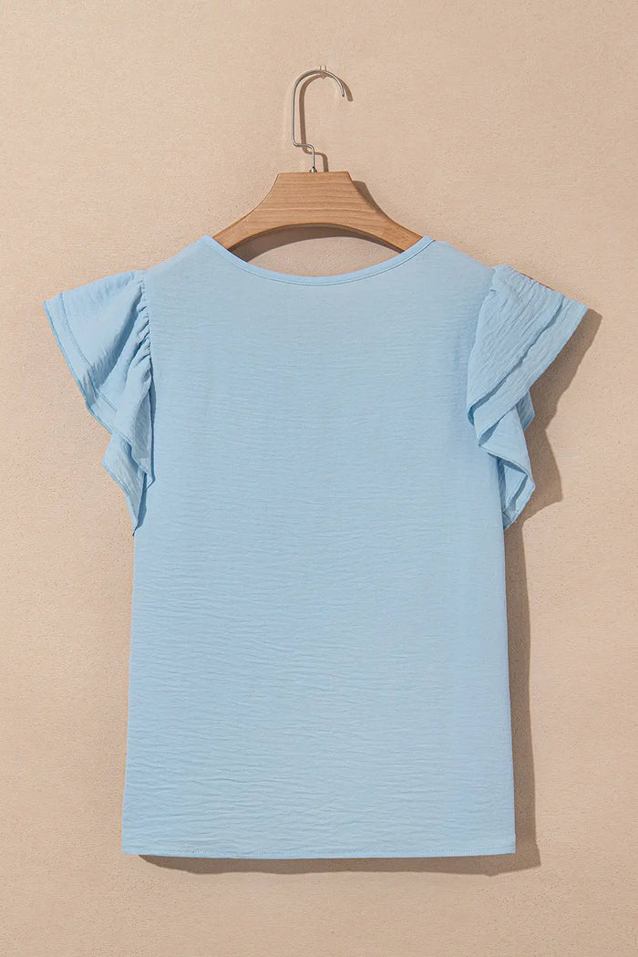 Mist Blue Solid Colour Ruffled Short Sleeve Casual Blouse - Tops/Blouses & Shirts