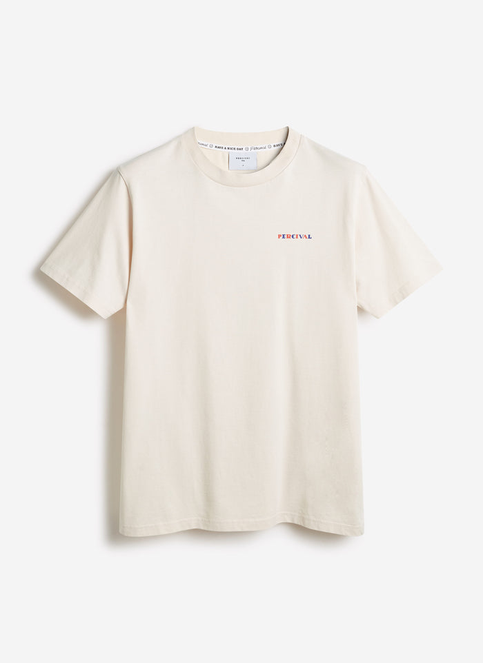 Percival Mixologist Martini T-shirt in ecru organic cotton, featuring a colourful brand logo on the chest.