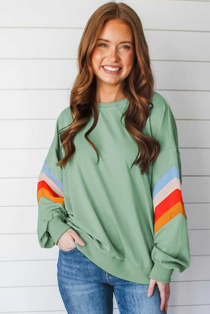 Moonlight Jade Rainbow Striped Sleeve Crew Neck Loose Sweatshirt - Tops/Sweatshirts & Hoodies