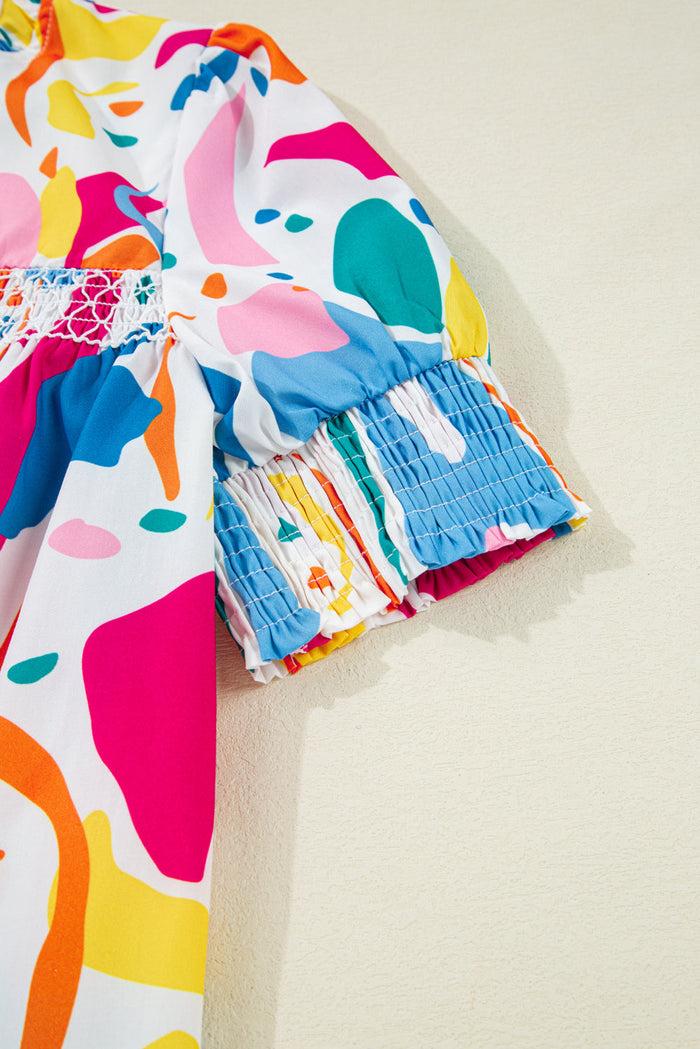 Multicolour Abstract Print Lace Detail Shirred Short Sleeve Split Neck Blouse - Tops/Blouses & Shirts