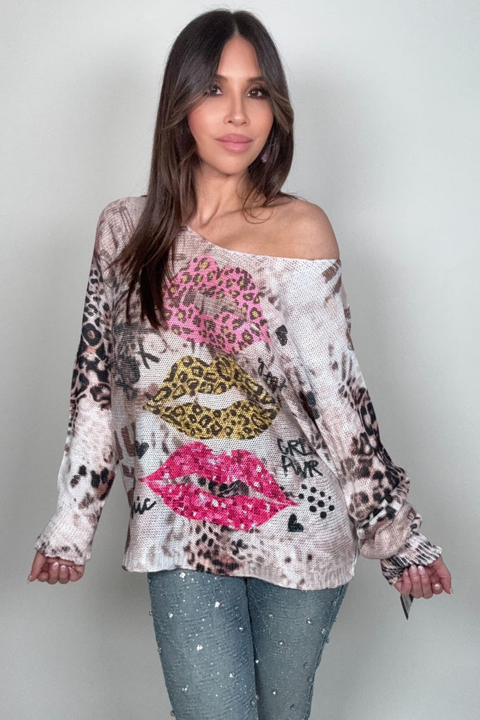 Style the Pink Lips Round Neck Knit Printed Sweater exclusively at Born To Glam