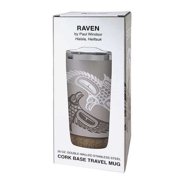 Cork base travel mug packaging with 'Raven' branding on a white background