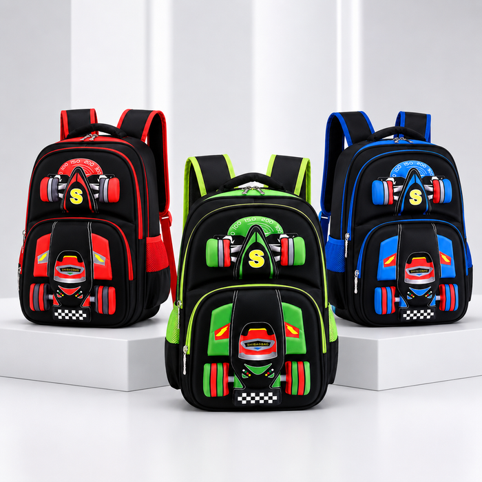 Rolling school bag for boys with car-inspired 3D design, smooth wheels, trolley handle and storage for books and accessories.
