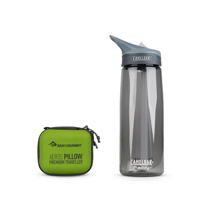 A gray CamelBak Caddy travel water bottle next to a lime green Sea to Summit AEROS PILLOW Premium Traveller carrying case on a white background.