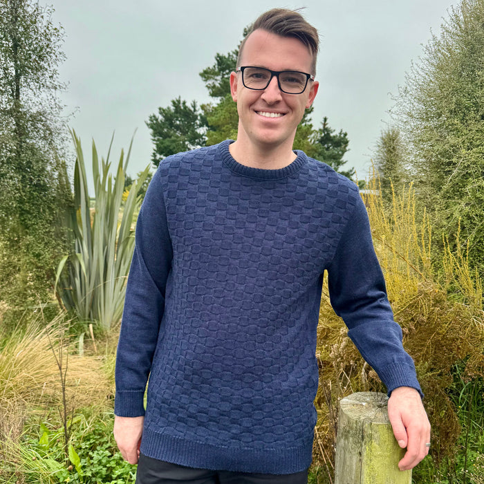 Man wearing Silver Stream - Textured Front Merino Crew Neck Jumper (SM1872) in the colour Denim.