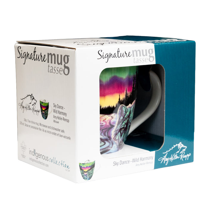 Signature mug packaging with a scenic design on a white background
