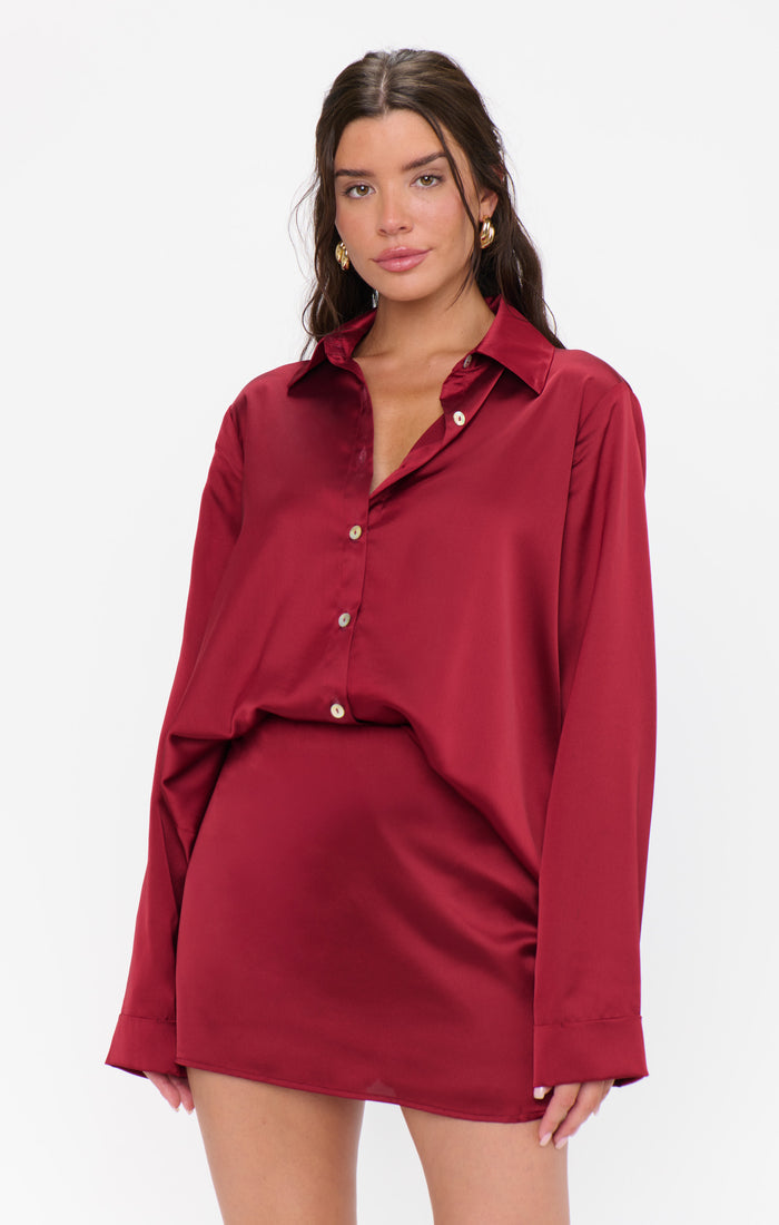 Smith Button Down ~ Cranberry Luxe Satin