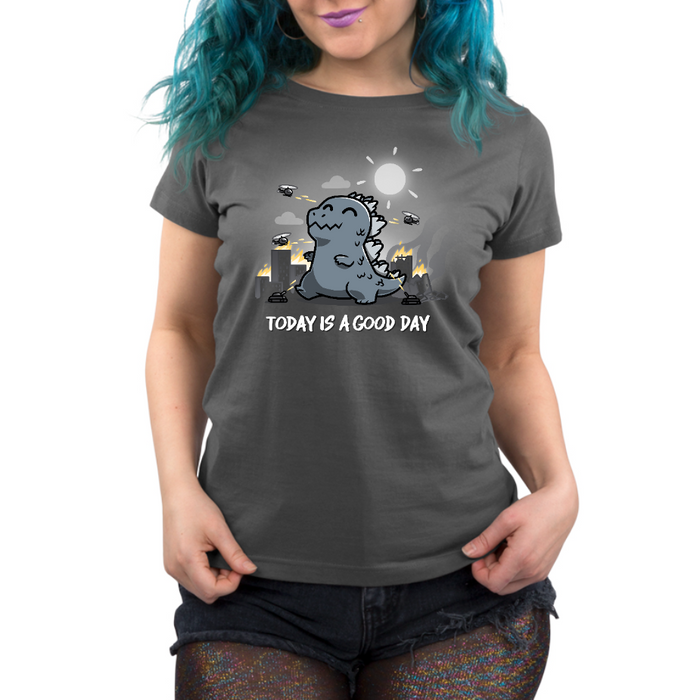 Premium Cotton T-shirt_TeeTurtle charcoal gray Today Is A Good Day (Godzilla) apparel featuring Godzilla happily trampling through a burning city with helicopters and a bright sun in the sky, and the caption, "Today Is A Good Day".