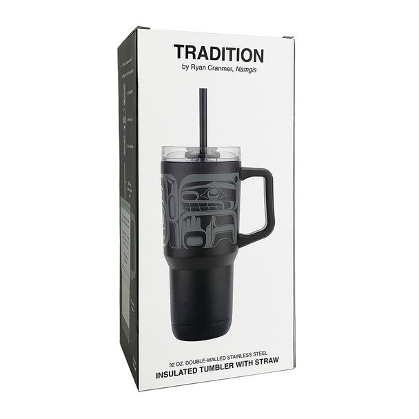 Black insulated tumbler with straw in a white box packaging, featuring 'Tradition' branding.