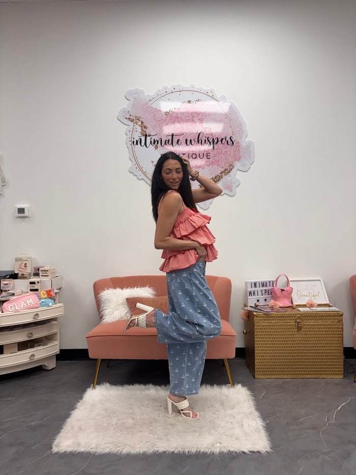 Washed Denim With Cherry Printed Wide Barrel Pants - Intimate Whispers