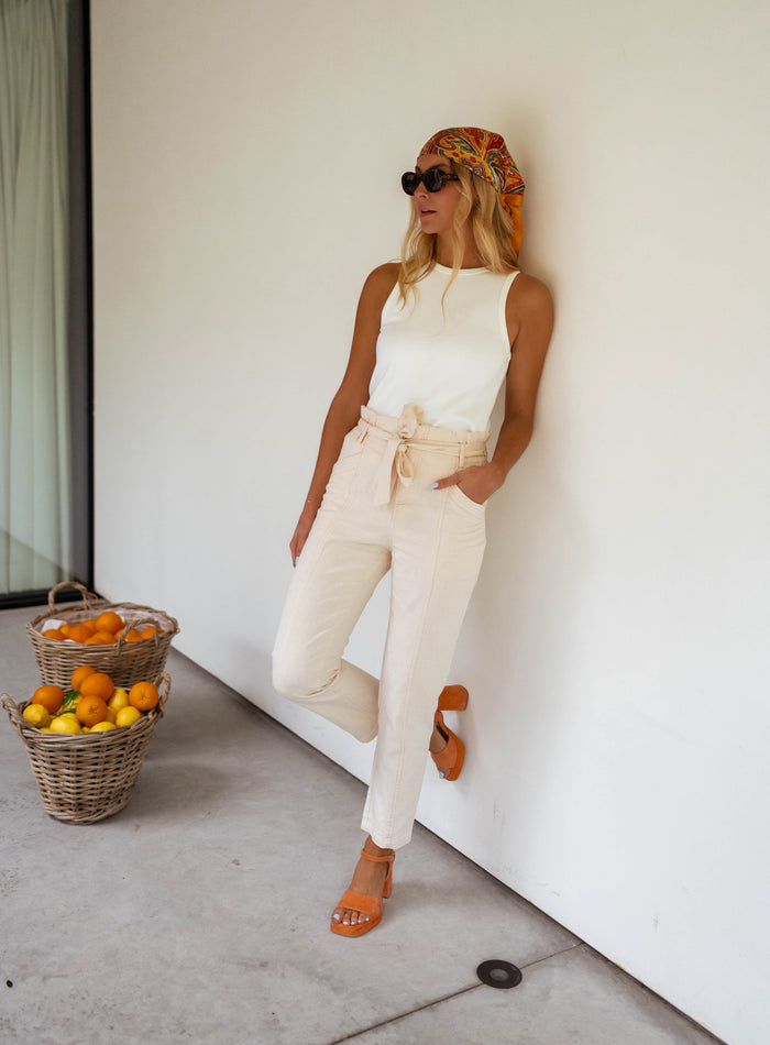 White fitted Carly tank top, styling view