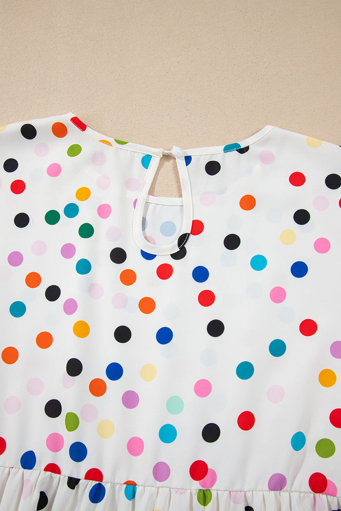 White Colourful Polka Dot Short Sleeve Tiered Ruffled Babydoll Blouse - Tops/Blouses & Shirts