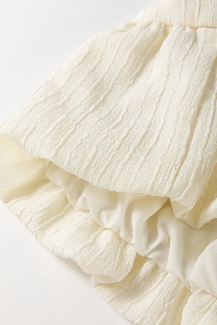 White Textured Bow Ties Front Bubble Hem Puff Short Sleeve Blouse - Tops/Blouses & Shirts