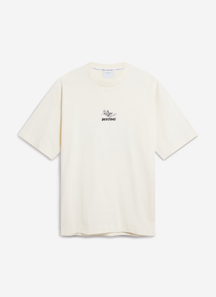 A flat lay of the Percival Wildlands oversized t-shirt in ecru, featuring the hand-illustrated outdoors graphic on the chest.