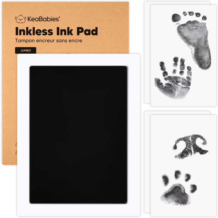KeaBabies jumbo black inkless ink pad with imprint cards for mess-free baby hand, footprint, and pet paw print keepsakes.