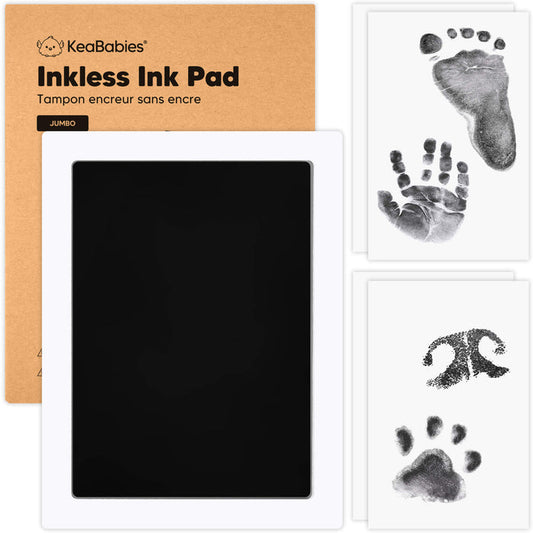 KeaBabies jumbo black inkless ink pad with imprint cards for mess-free baby hand, footprint, and pet paw print keepsakes.