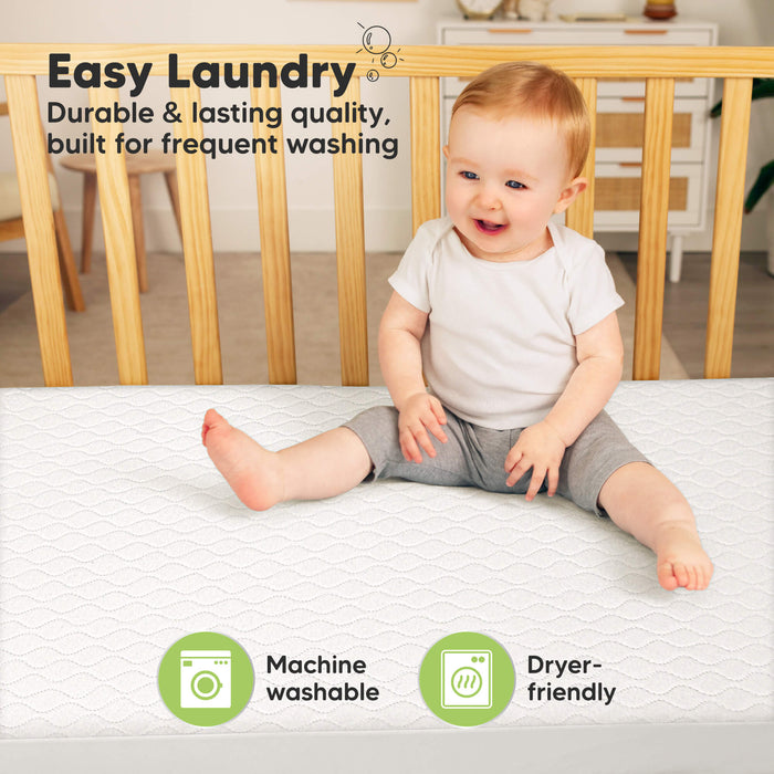 Machine-washable crib mattress protector designed for frequent washing and durability.