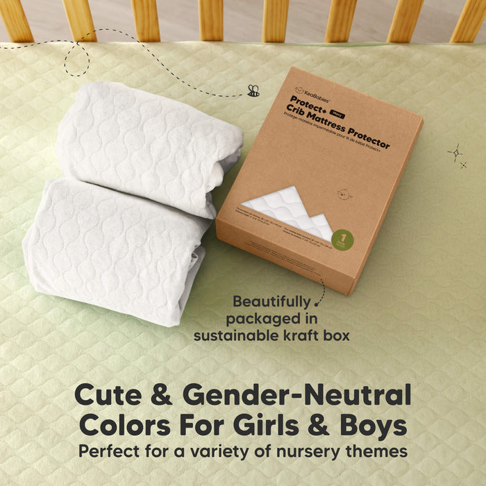 2-pack crib mattress protectors in gender-neutral colors, packaged in a sustainable kraft box.