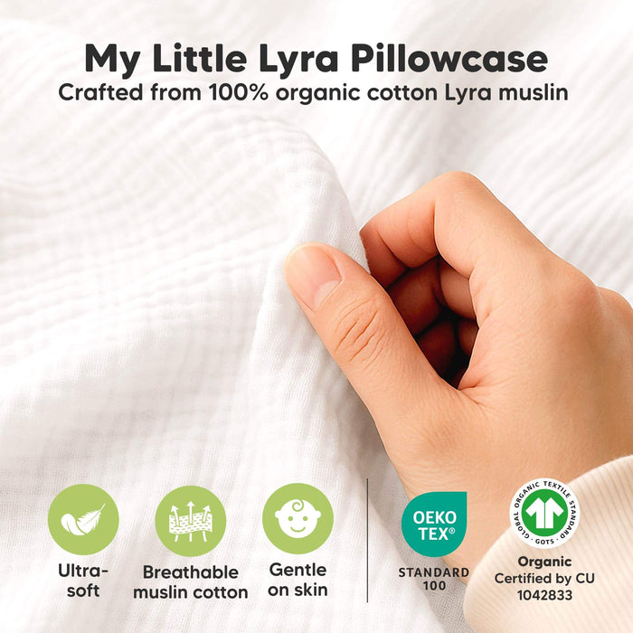 100% Organic cotton lyra muslin toddler pillowcase that is ultra-soft, breathable, and gentle on skin.